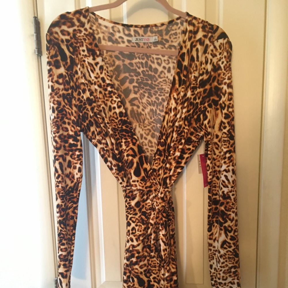 Just fab long sleeve leopard wrap dress